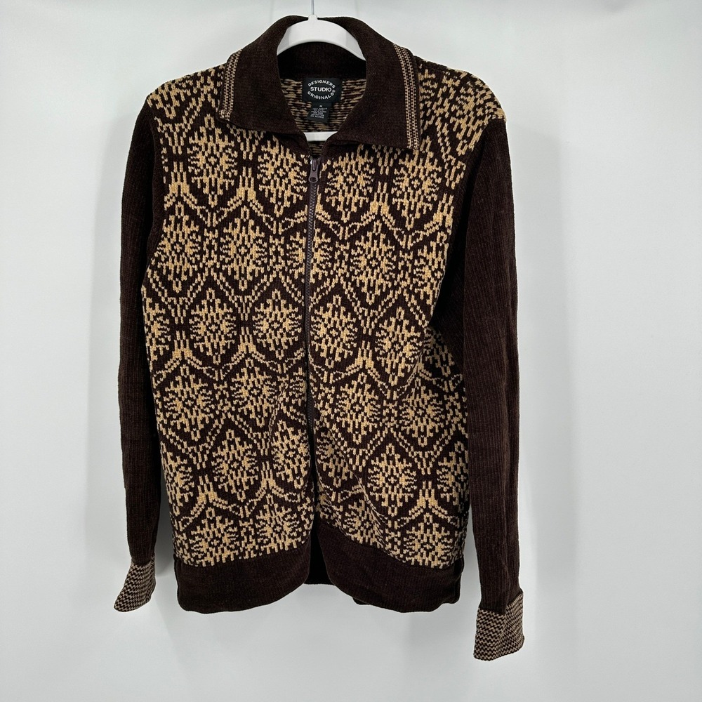 Womens Boho Geometric Cardigan Sweater Size M Cabin Cozy Eclectic Indie Brown